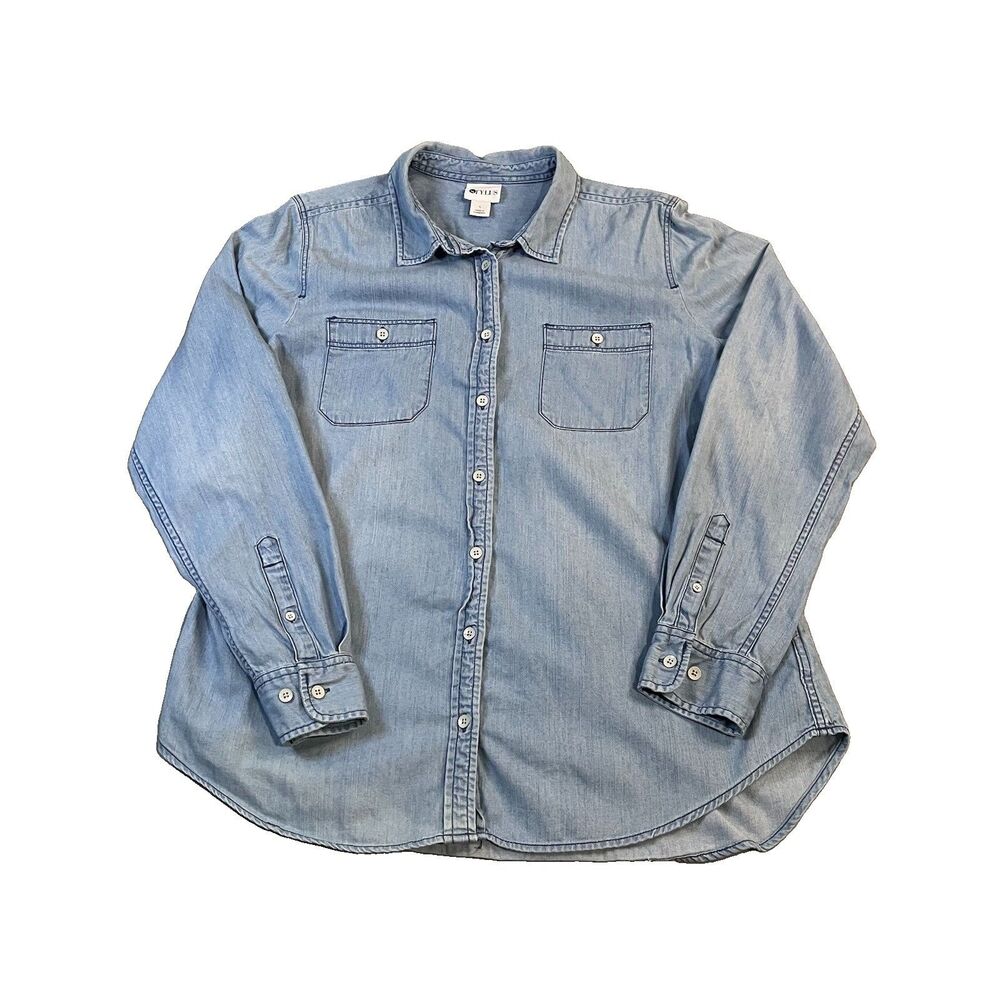 Stylus Blue Chambray Button Up Long Sleeve Shirt Top Womens Size L